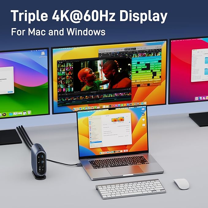 Triple Display Docking Station with 150W Power Adapter for Windows and MacBooks, Equipped with Multiple High-Speed Ports