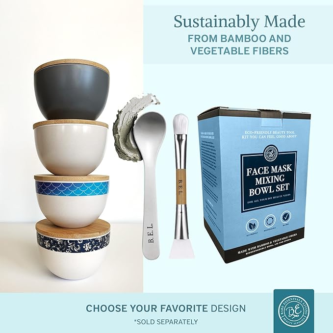 Bare Essentials Living - Clay Face Mask Mixing Bowl Set, Skin Care Kit Facial Bowls with Bamboo Lid, Face Mask Spoon, & Dual Sided Face Mask Brush Applicator for DIY Facial & Hair Clay Mask (Mermaid)