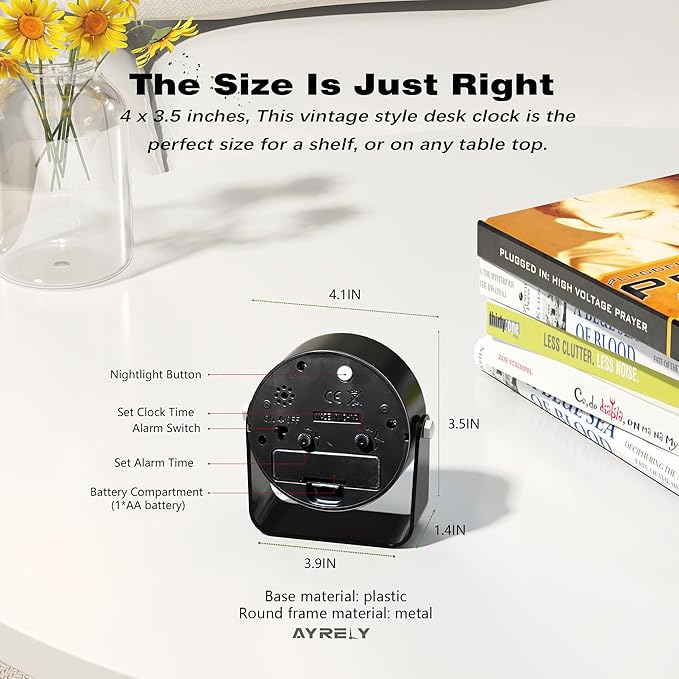 AYRELY® 3.5 Inch Small Analog Alarm Clocks,Battery Operated Desk Clock,Cute Table Clock with Light，Adjustable Angle for Travel,Bedside,Bedroom,Kids,Living Room Decor(Black)