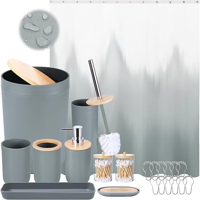 iMucci Bathroom Accessories Grey Bathroom Sets with Shower Curtain, Grey Ombre Waterproof Shower Curtain with Stainless Steel Hooks, Bathroom Accessories Set Complete