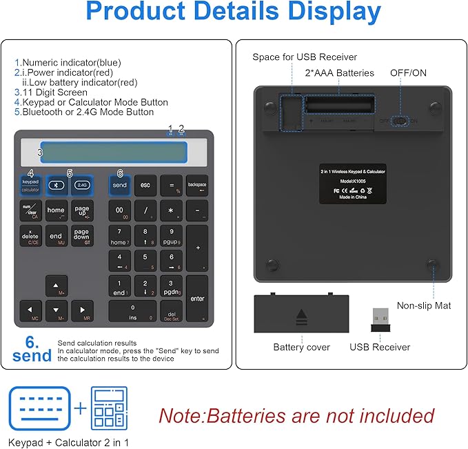 Bluetooth Number Pad - 2.4G Wireless Numeric Keypad with Display Calculator - Wireless Number Pad Slim 34-Key Portable Financial Accounting Numpad Data Entry & Calculation 2in1 for Laptop Desktop PC