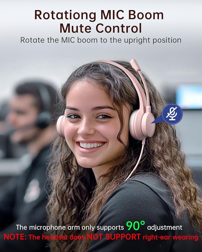 USB Headset with Microphone for PC, Wired Headphones with Mic USB Headset with Noise Cancelling Microphone, Computer Headsets with Microphone for Home Office Online Class Teams Skype (Pink)