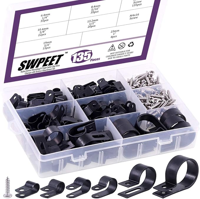 Swpeet 135 Pack 6 Sizes Black Nylon Plastic R-Type Cable Clips Clamp Assortment Kit, 1/4" 5/16" 3/8" 1/2" 3/4" 1" Nylon Screw Mounting Cord Fastener Clips with 135 Pack Screws for Wire Management