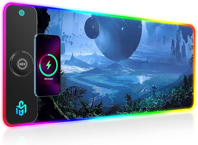 GIM 15W Wireless Charging RGB Gaming Mouse Pad, LED Mouse Pad 800x300x4MM, 10 Light Modes Extra Large Mousepad Non-Slip Rubber Base RGB Desk Mat for Gaming, MacBook, PC, Laptop, Desk (Planetary)