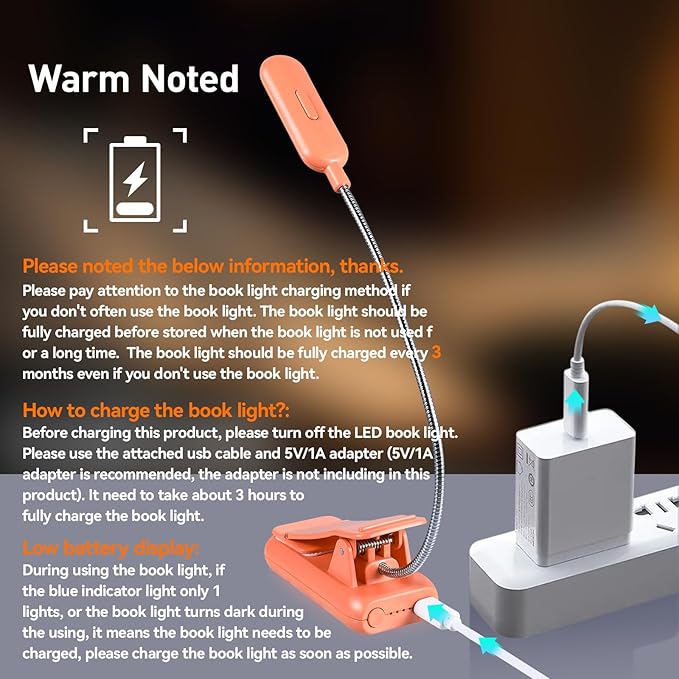 VAVOFO Rechargeable Book Light for Reading in Bed Kids, 7 LED Reading Light with 9-Level Warm Cool White Daylight, Eye Care Lamp with Power Indicator for Bookworms (Orange)
