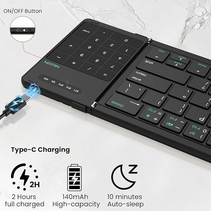 Nillkin Pocket Foldable Wireless Keyboard with Touchpad Numerical Pad for Travel Meeting for Tablet, Mobile Phone,Laptop, Full Size (Small) Keyboard (Black)