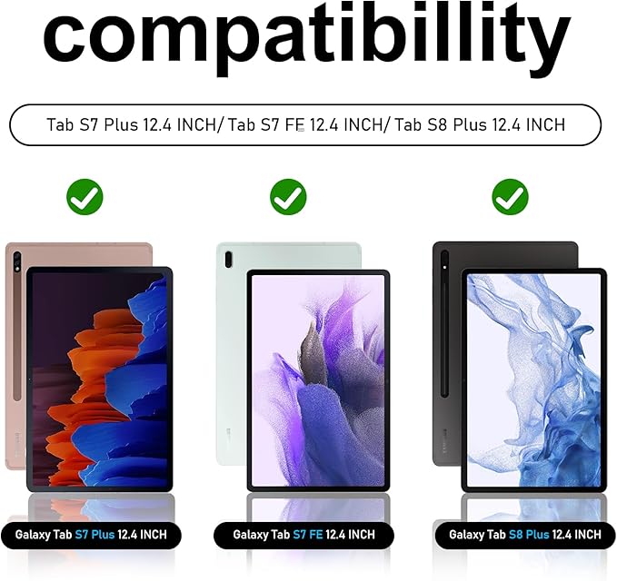 Case for Galaxy Tab S7 FE/S7 Plus/S8 Plus 12.4 INCH: TPU Protective Cover for Samsung Tablet S7 FE/S7 Plus/S8 Plus 12.4 with Screen Protector-Stand- Handle + Shoulder Strap-S-Pen Holder- Black