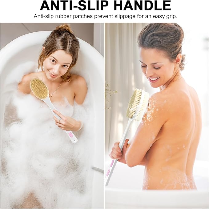 Back Scrubber, Back Scrubber for Shower, Bath Brush Long Handle for Shower with Double Sided Bristles for Wet or Dry Brushing (Pink)