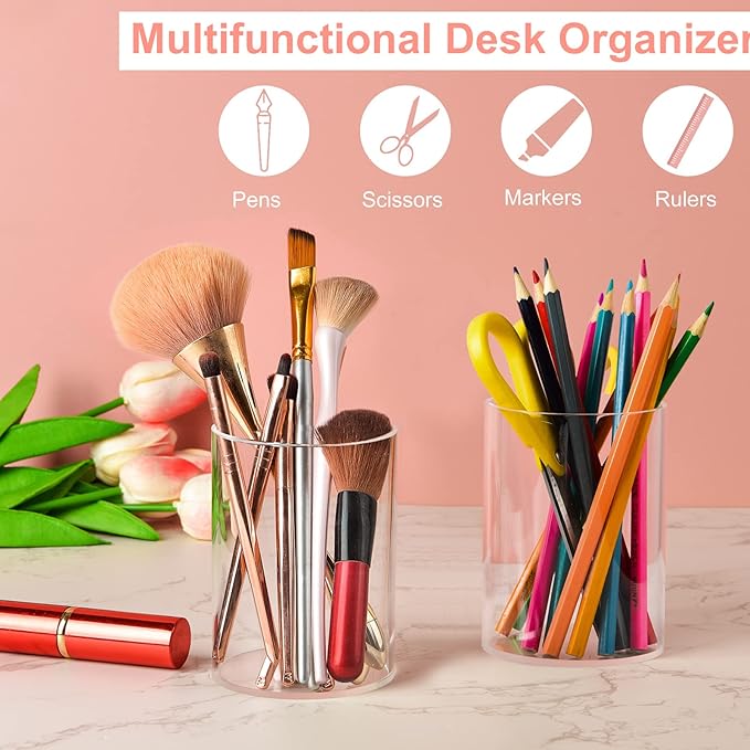 8 Pieces Clear Acrylic Pen Holder Round Acrylic Pencil Cup Clear Makeup Bush Holder Acrylic Desktop Stationery Organizer for Office School Home Desk Accessories (8 Pack, Round)