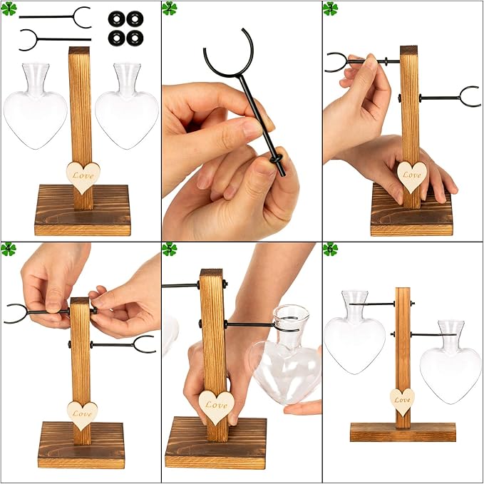 Kingbuy Heart Shaped Glass Hydroponic Vase with Retro Wooden Stand - Desktop Plant Terrarium for Bulb Planter, Water Plant Propagation Glass Vase Pot Planter Flower Desktop Decoration Home Garden