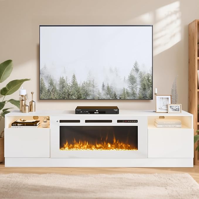 80” TV Stand with 36” Electric Fireplace, Large Modern Media Entertainment Center with Storage Cabinet and 12 Colors LED Lights for TVs Up to 90",All Black