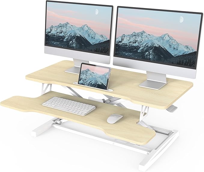 FITUEYES Height Adjustable Standing Desk 36” Wide Sit to Stand Converter Stand Up Desk Tabletop Workstation for Laptops Dual Monitor Riser Oak SD309104WO