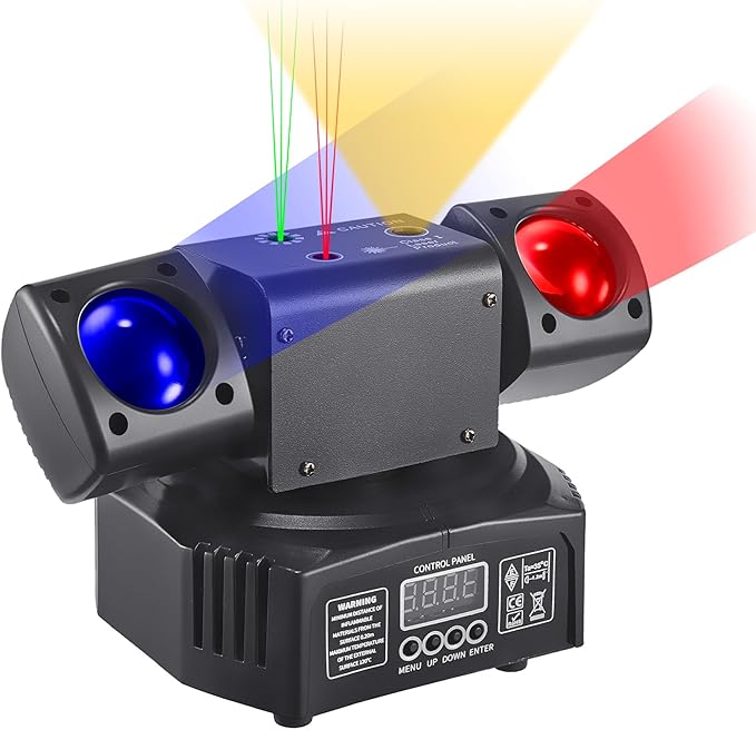 Mini LED Moving Head Effect Lights, Double Head, RGB Color 3535 Beads, 10W Strobe Beads, DMX512 Signal Control, Sound Activation