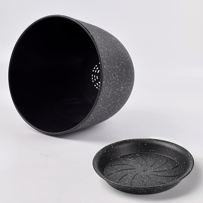 Giraffe Creation 12/10/9 Set of 3 Speckled Black Plant Pots, Modern Indoor & Outdoor Planters with Drainage Holes and Saucers