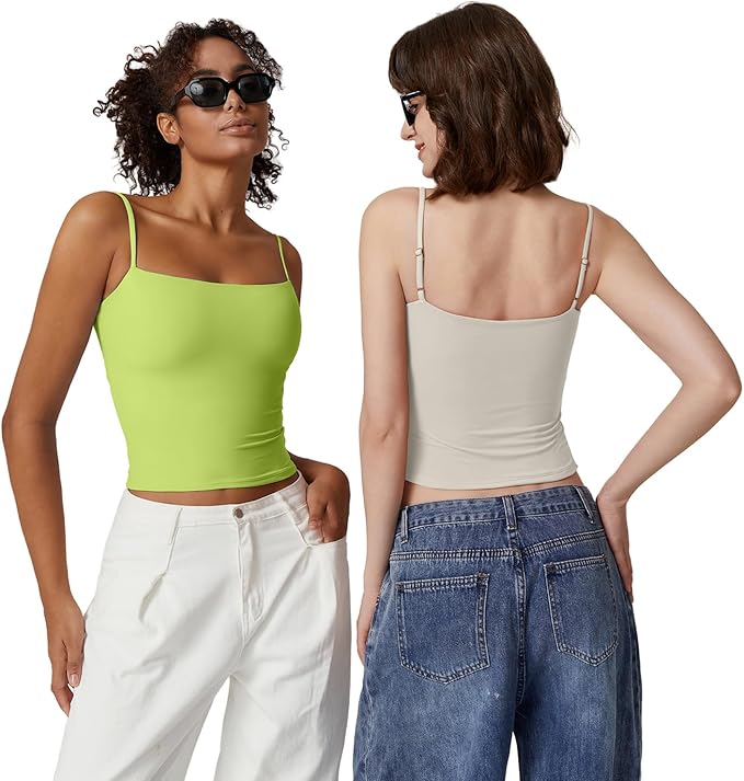 QINSEN Women's Double Lined Basic Tank Top Adjustable Spaghetti Straps Sleeveless Camisole Shirts