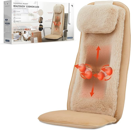 Sharper Image® Realtouch Cushion Luxe - Cordless Shiatsu Massaging Chair Pad| Heated Seat Topper & Remote Control| Heat & Vibration|Ultra-Soft Padding| Wireless Full Body Back & Shoulder Massager Gift