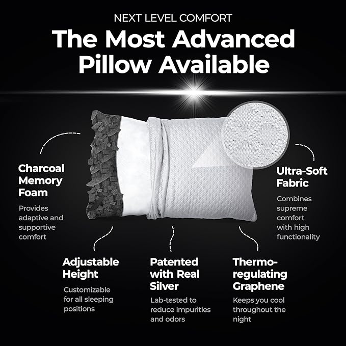 Silvery Memory Foam Bed Pillow - Patent-Pending Self-Cleaning Technology™ for Hygienic Sleep - Cooling Hypoallergenic Adjustable Pillows for Side, Back & Stomach Sleepers