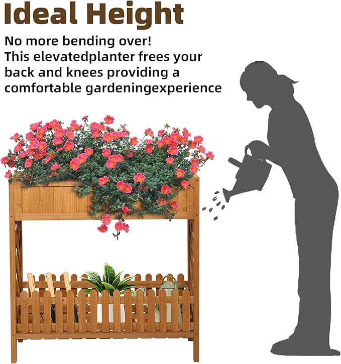 Outvita Raised Garden Bed, 37" L x 13" W x 35" H Wood Planter Box, Outdoor Wooden Elevated Planter Standing Gardening Box with Legs & Storage Shelf for Vegetable Fruits Flower Herb in Patio & Garden