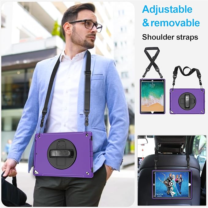 Case for iPad Pro 12.9 2nd Generation 2017 & 2015 1st Generation, Heavy Duty Rugged Shockproof Protective Cover w/ 360° Rotatable Stand + Handle Hand & Shoulder Strap + Pencil Holder-Purple