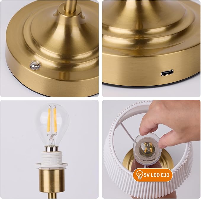 Cordless Rechargeable Table Lamp 5200mAh - Stepless Dimming & 3-Color Temperature, Touch Control Bedside Lamp with Fabric Shade for Bedroom, Patio, Camping, Balcony (Gold)