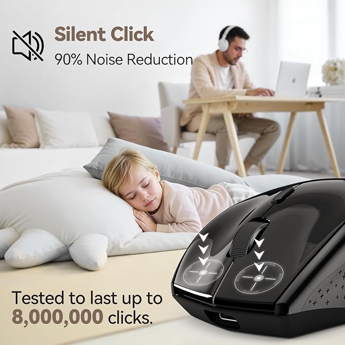 TECKNET Wireless Mouse Jiggler, USB-C Rechargeable Mouse, Silent Mouse Quiet Click, Build-in Mouse Mover, 6400 DPI Ergonomic Mouse, 2.4G Cordless Computer Mice for Mac, Laptop, Desktop, PC