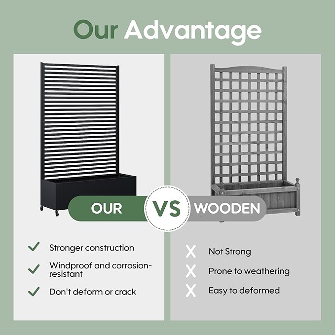 Metal Planter Box with Trellis Privacy Screen, Raised Garden Bed with Trellis & Wheels, Privacy Planters for Patio, Planter Box with Drainage Holes for Climbing Plants, Flower, 73"x 47"x 16", Black