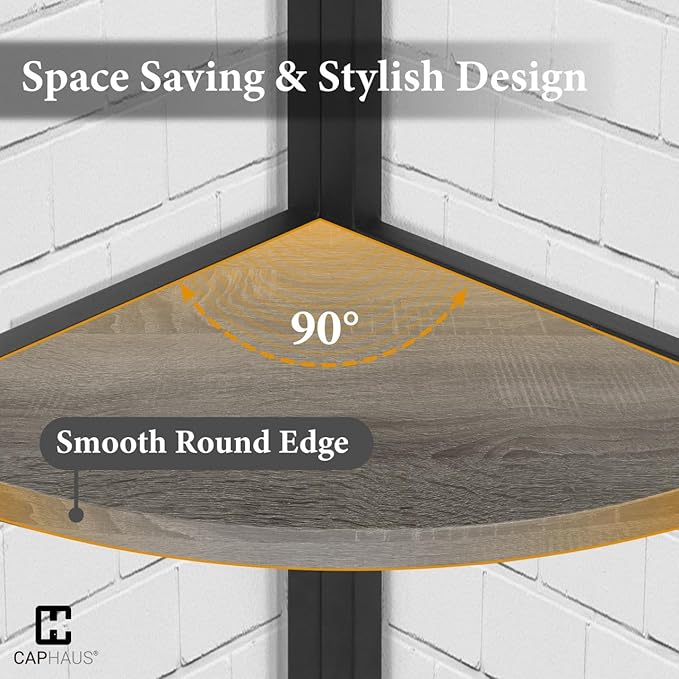 CAPHAUS 6-Tier Corner Shelf, 71.1-Inch Tall Corner Bookshelf with Metal Frame, Round Corner Shelf Unit for Bathroom, Living Room, Home, Office, Dark Grey