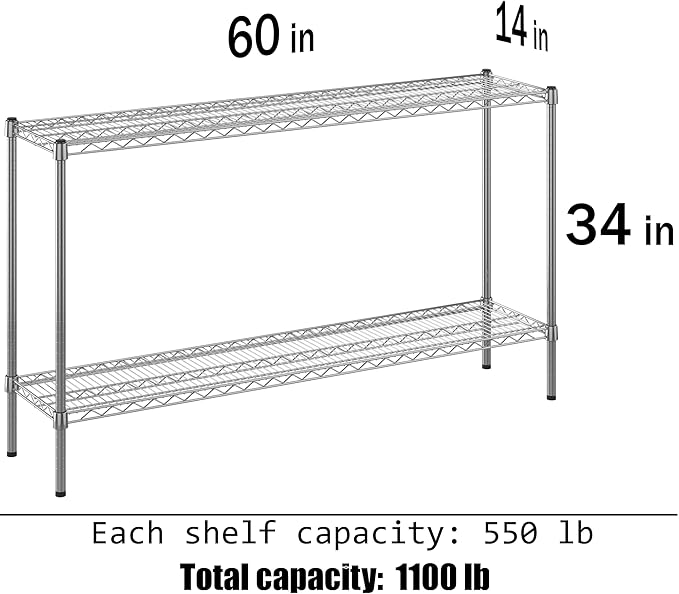 14" Deep x 60" Wide x 34" Height Wire Shelving Kit | 2-Tier | NSF Commercial Storage Rack Unit