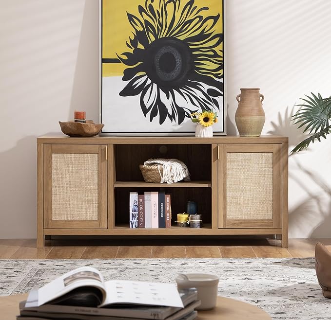 SICOTAS TV Stands for Living Room : Rattan TV Console Cabinet with Storage and Shelf, Boho Entertainment Center, 59" Media Console for 55, 65 Inch TV, 26" Tall Television Stands, Oak