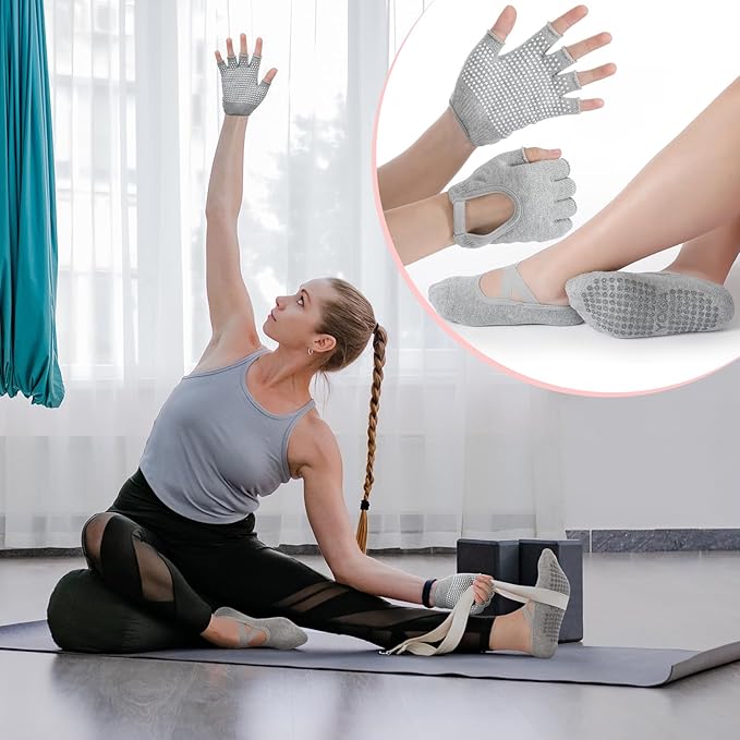 Shihanee 6 Pairs Non Slip Yoga Gloves Socks Set for Women Silicone Dot Grip Fingerless Gloves Towel Bottom Pilates Socks Yoga Accessories for Workout Exercise Hanging Fit Cycling