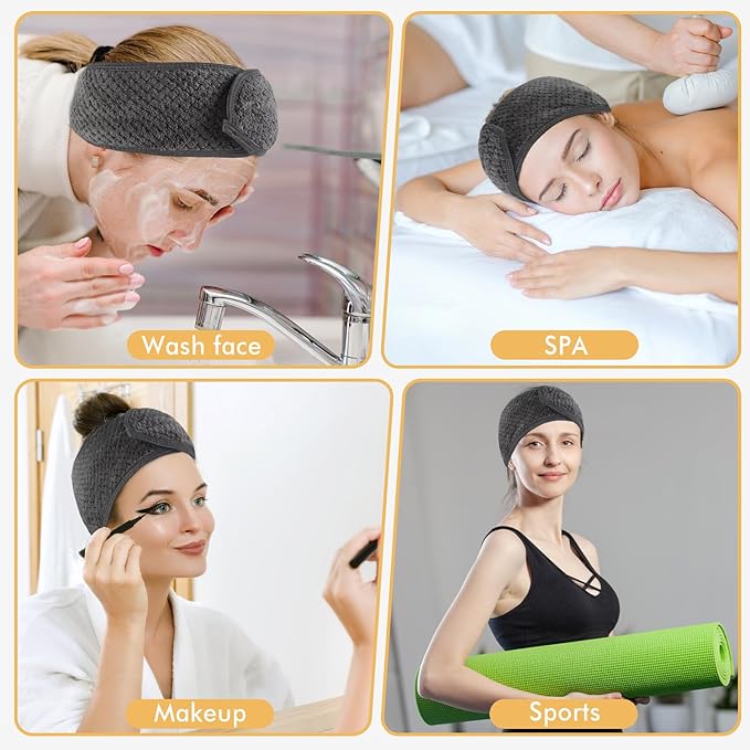 SINLAND Spa Headband for Women Ultra Soft Adjustable Makeup Hair Band with Magic Tape, Stretch Head Wrap for Bath, Shower, Facial Mask, Yoga