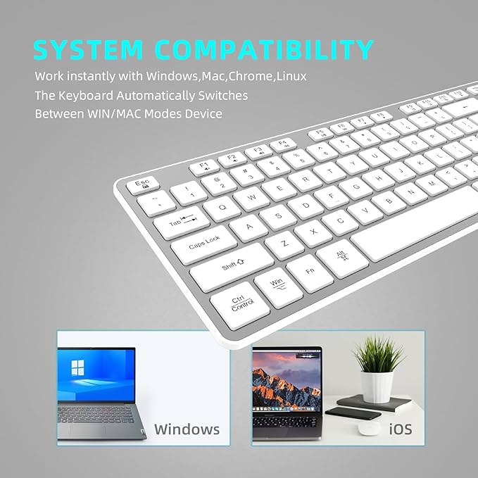 Slim Quiet Wireless Keyboard for Mac and Windows,Durable Flat Keyboard with Full Size Ultra Quiet Low-Profile Flat Keys, 2.4GHz Wireless for Mac,Windows 11/10/8/7/Vista,Microsoft & PC（Silver