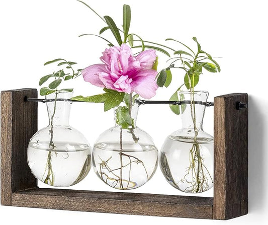 Kingbuy Plant Terrarium with Wooden Stand, Glass Planter Desktop Propagation 3 Bulb Vase Metal Holder Retro Rack for Hydropoincs Plants Home Office Decor, Brown