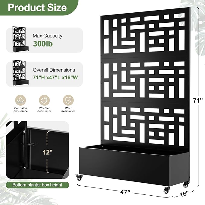 Metal Planter Box with Trellis, 71"x 47"x 16" Raised Garden Bed with Trellis & Wheels, Privacy Planters for Patio, Planter Box with Drainage Holes for Climbing Plants, Flower, Vegetable