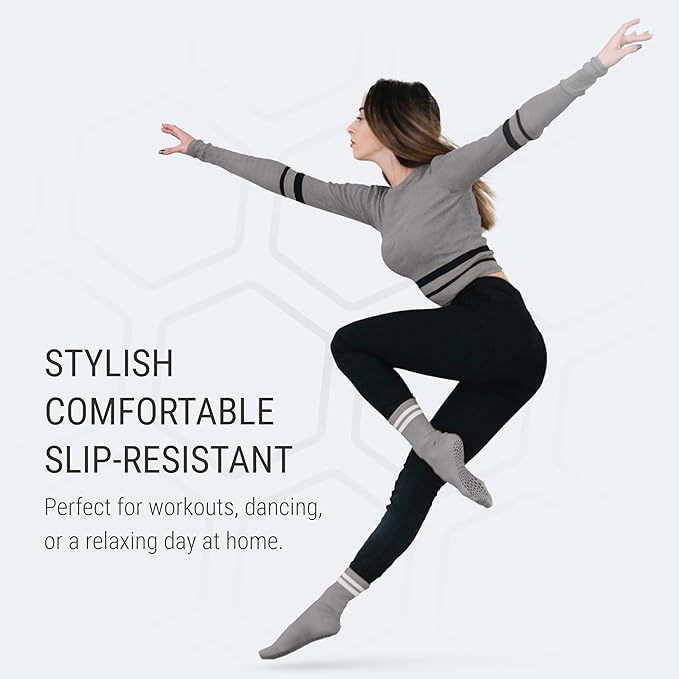POWER STEP Pilates Grip Socks for Women, Non-Slip Cotton Crew Yoga Socks for Pilates, Dance, Workout, Barre and Home, 4 Pairs