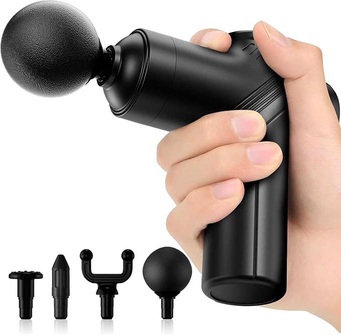 Mini Massage Gun,Deep Tissue Muscle Massage Gun,Compact Sports Massager for Relieving Muscle Soreness After Exercise with 4 Massage Heads 6 Speeds for Office Gifts Women Men Gifts（Black）