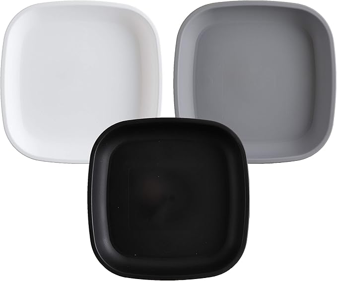Re-Play Toddler Plates - 22 Oz. Deep-Walled Flat Kids Plates - Dishwasher & Microwave Safe - Made in USA - Set of 3-7.37" x 7.37" x 1.25" - Monochrome