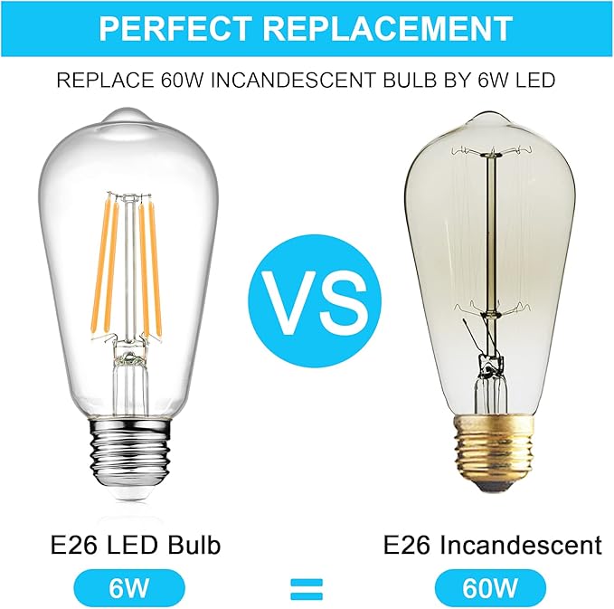 Ascher Vintage LED Edison Bulbs 6W, Equivalent 60W Incandescent, Non-Dimmable, Warm White 2700K, ST58 Antique LED Filament Bulbs with 80+ CRI, E26 Medium Base, Clear Glass, 6-Packs