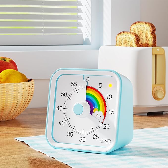 Visual Timer with Pause Function, 60 Minute Countdown, Pomodoro Timer for Kids, Productivity Timer, Time Management for Kitchen Cooking, Study, Teaching, Office Meetings (Rainbow Blue)