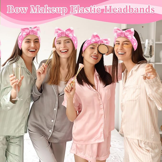 50 Pcs Pink Spa Headband Bulk Spa Sleepover Party Supplies for Washing Face with Removable Bow Makeup Elastic Bowknot Headbands for Women Gifts Soft Skincare Microfiber Hairbands(Dots Style)