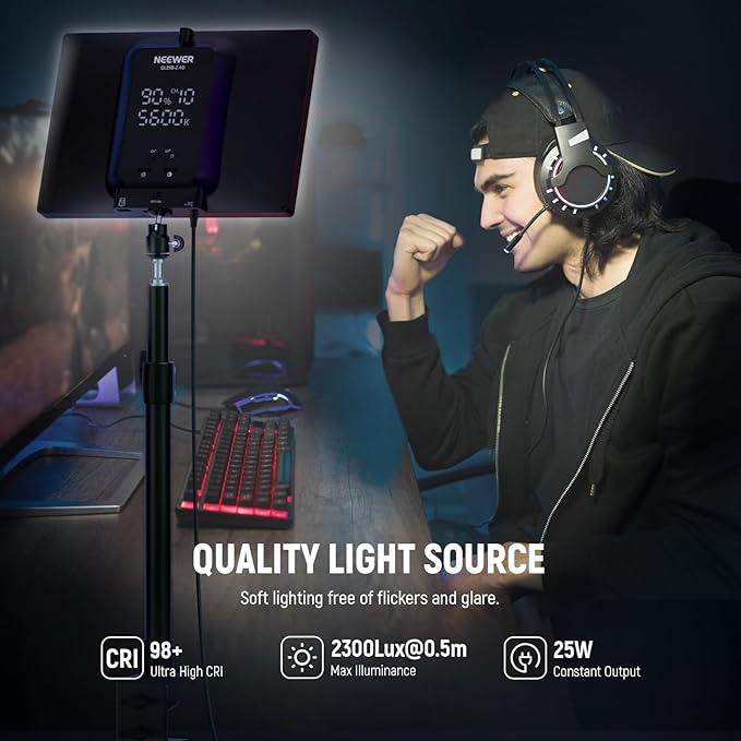 NEEWER 25W 12.9" Streaming Key Light with Desk Stand/2.4G Remote/USB Transmitter, PC/Mac APP Control Dimmable Edge Lit Video Panel Light with 2300Lux 2900K-7000K CRI98+ for Webcam Laptop Zoom, GL25B