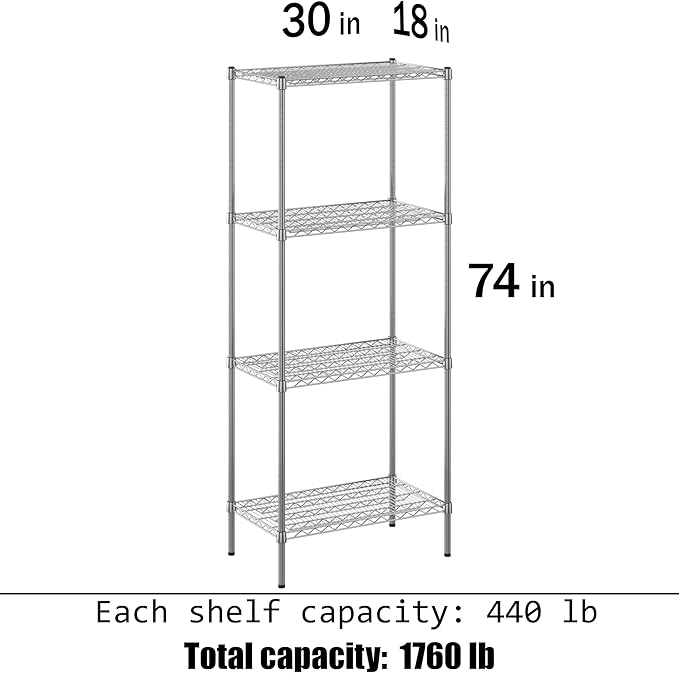 18" Deep x 30" Wide x 74" Height Wire Shelving Kit | 4-Tier | NSF Commercial Storage Rack Unit