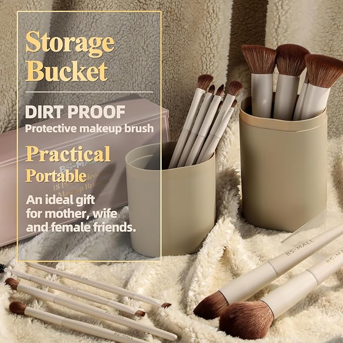 BS-MALL Makeup Brush Set 18 Pcs Premium Synthetic Foundation Powder Concealers Eye shadows Blush Makeup Brushes with black case (Matte white beige)