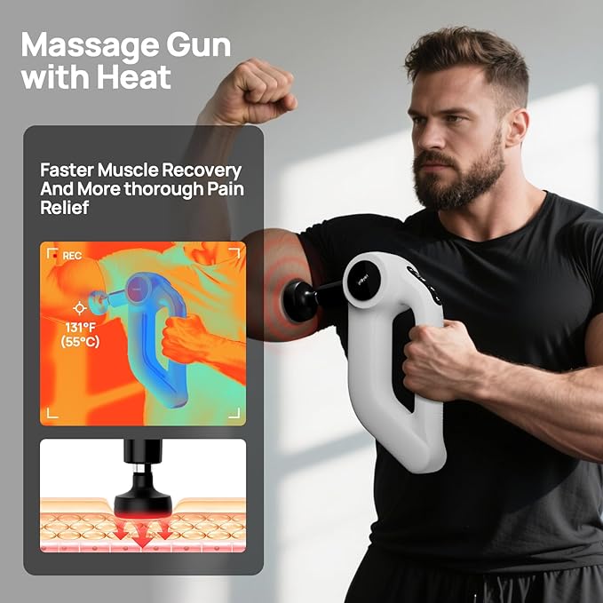 Deep Tissue Massage Gun with Heat, 12mm Amplitude Percussion Massager for Athletes & Muscle Relief, Professional Handheld Masssger Gun for Neck, Back, Shoulder, Leg, Gift for Men, White