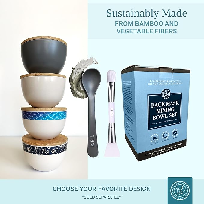 Bare Essentials Living - Clay Face Mask Mixing Bowl Set, Skin Care Kit Facial Bowls with Bamboo Lid, Face Mask Spoon, & Dual Sided Face Mask Brush Applicator for DIY Clay Mask, Facials & Hair (Grey)