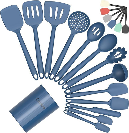 Coukre Silicone Kitchen Cooking Utensils Set with Holder – Heat-Resistant, Food-Grade Kitchen Tools, Spatula, Spoon & Gadgets for Non-Stick Pans, Dishwasher Safe (14, PureDarkBlue)