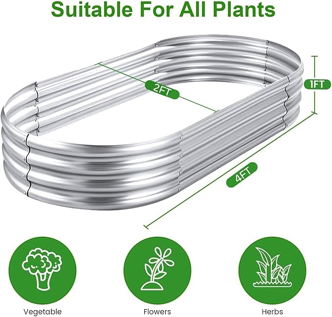 2 Pack 4x2x1ft Galvanized Raised Garden Bed Kit, Oval Large Metal Planter Box, Sturdy and Durable, Garden Boxes Outdoor Raised for Vegetables, Fruits, Flowers and Herbs(Silver)