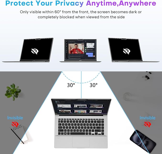 OMOTON Magnetic Laptop Privacy Screen 13.3 Inch 16:10, Anti-Spy Filter, Matte Anti Glare Blue Light Protector, Easy Install & Remove