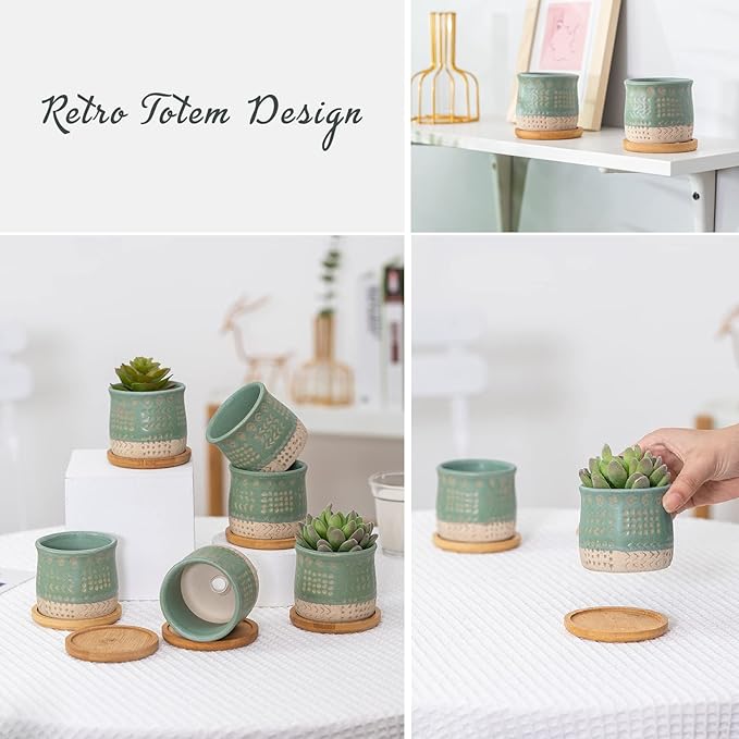 TAMAYKIM 2.75 Inch Mini Ceramic Succulent Plant Pots, Retro Tiny Planter Pots with Saucer & Drainage Hole, for Cactus, Small Plants, Set of 6, Green