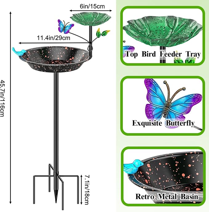 Metal Bird Bath for Outside Garden Birdbath Bowl, Freestanding Bird Feeders for Outdoors with 5 Prongs Base Stake, Standing Birdfeeders Birdbath Bowl for Yard Decor (2-in-1)